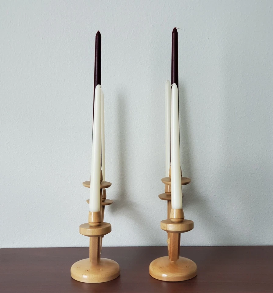 2 Candelabros Folk Rústicos Candelabros Torneados a Mano Madera Bohemio De Colección Transilvania Foto 2 de 4