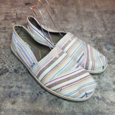 Bobs from Skechers Women s Size 8.5 Beige Stripes Slip On Memory Foam Shoes 