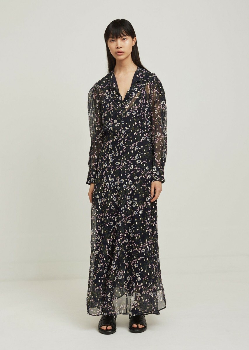 ISABEL MARANT Navy Gold Metallic Floral Print Fil Coupe Silk