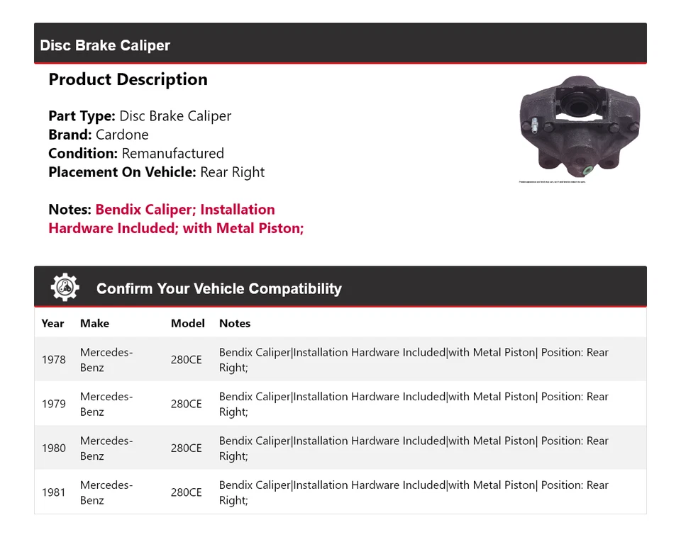Pinza de freno de disco trasera derecha cardone 1979 para Mercedes-Benz 280CE 1978-1981 Foto 2 de 4