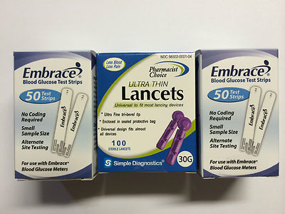 Embrace Blood Glucose 100 Test Strips Plus FREE 100 LANCETS Exp 04/01/2027