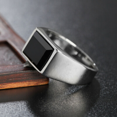 Men Women Silver Stainless Steel Black Stone Ring Band Wedding Gift Size  7-12