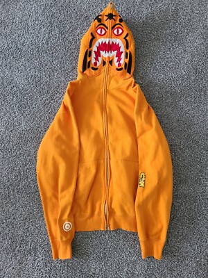 Solid orange bape shark hoodie authentic funthera miltia full zip BARELY USED