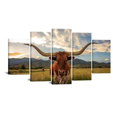KREATIVE ARTS Large 5 Panel Texas Animal Picture for Living Room Longhorn Ste...