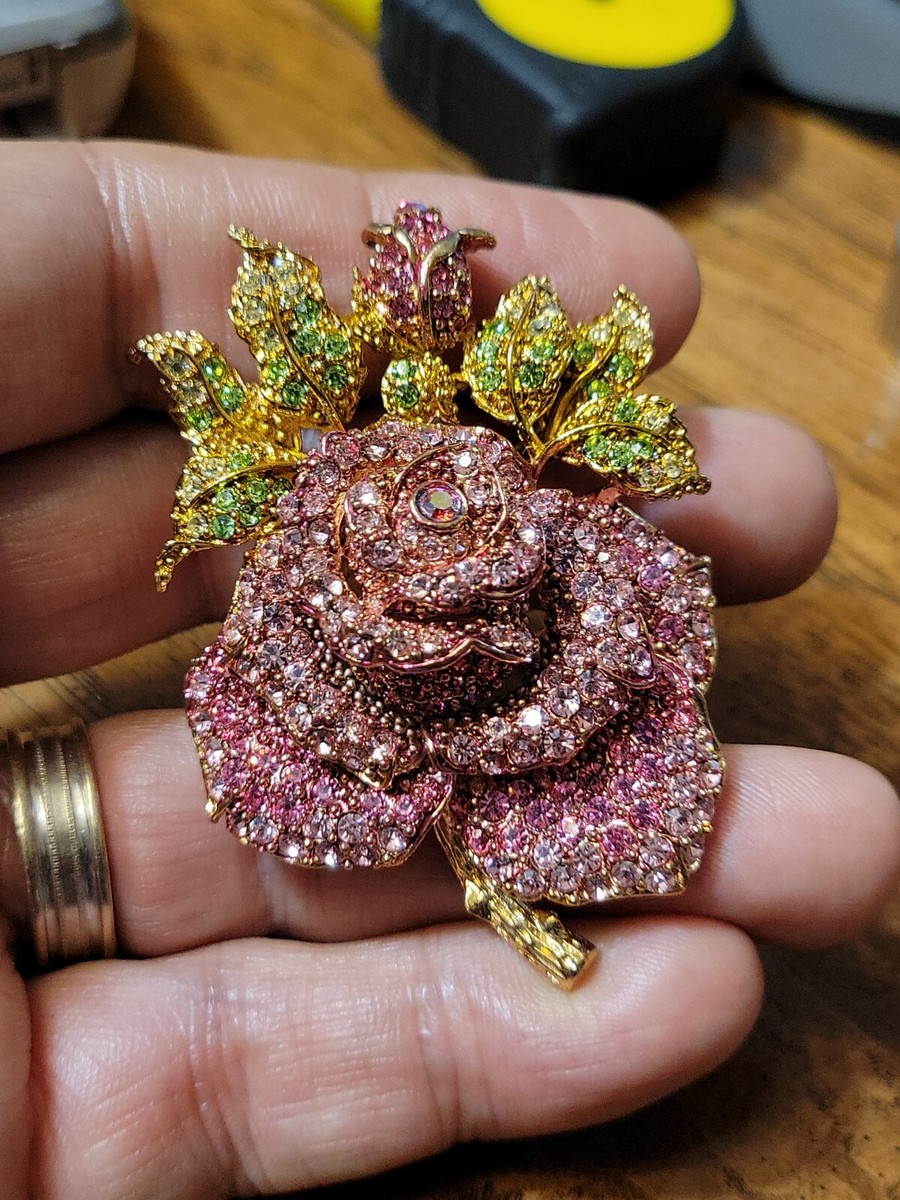 Dazzling Vintage Janus Pink & Green Crystals Rose w/Leaf & Rose