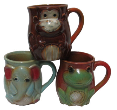 Midwood Elephant Frog Monkey Mug Cup Set 3 stoneware pottery dish micro safe NEW