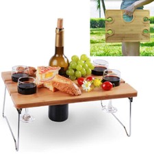 Portable Folding Wine Snack Picnic Table Outdoor Camping With 4 Glasses Holder