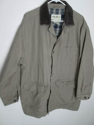 Eddie Bauer farm chore jacket men L Cotton beige flannel lined