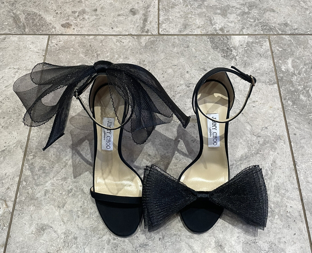 JIMMY CHOO 'Aveline 100' Bow Ankle Strap Sandals Black 39.5