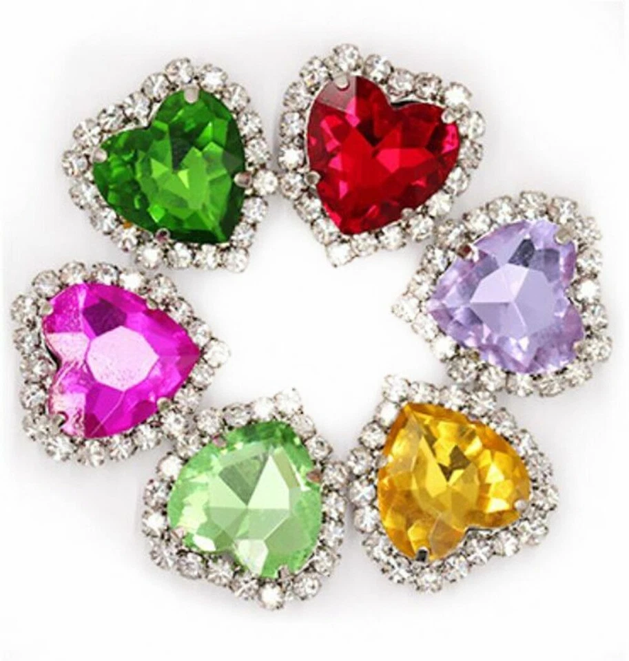 12PCS Mixed Colors Sew On Rhinestone Heart Buttons Clear Crystal Pave Setting - Image 3 of 4