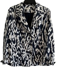 Chico's Blazer Jacket Long Sleeve Blue White Ikat Print Pockets Lined Sz 2/M/12