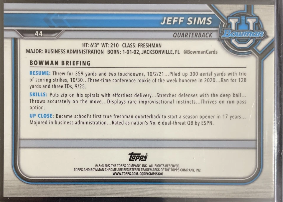 JEFF SIMS 2021-22 Bowman University Chrome REFRACTOR #44 ASU Sun Devils🏈 - Image 2 of 4