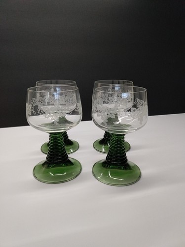 1 Set Of 4 Luminarc Frence Wine Glass Etched Grapes Green Beehive Stem - Picture 4 of 19