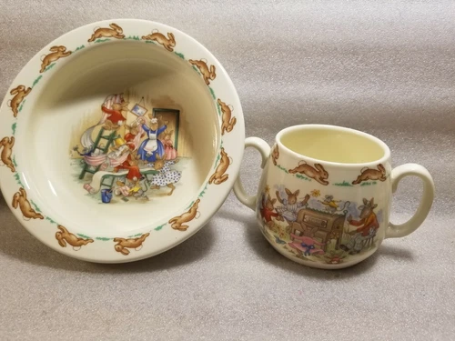 Royal Doulton 2 Pc Bunnykins Fine Bone China Childs Bowl Mug Vtg 1980s 