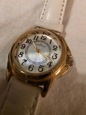 ANNE KLEIN GOLDTONE WATCH WITH WHITE MOTHER OF PEARL FACE/WHITE LEATHER BAND