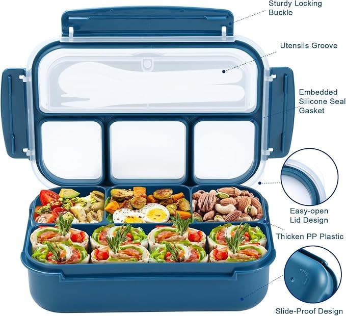 Kids & Adults Bento Lunch Box 4 Compartments 40 Oz Navy