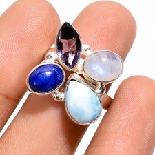 Natural Larimar Moonstone Lapis Gemstone 925 Solid Silver Ring 7 US Adjustable 