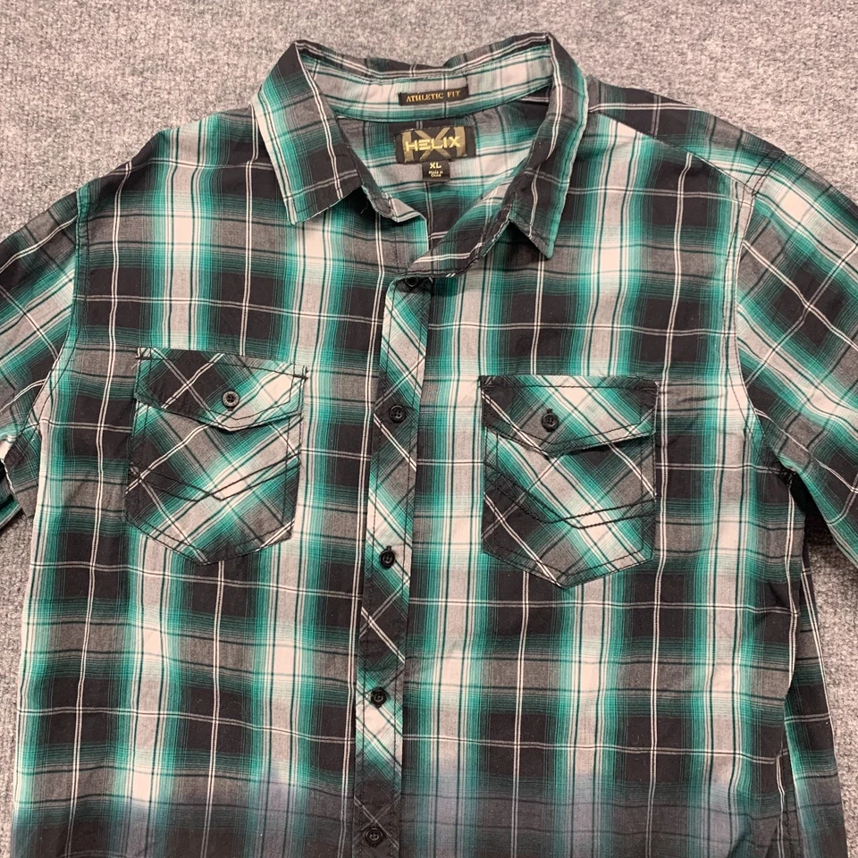 Camisa con botones Helix para hombre XL verde negra a cuadros calce atlético manga larga bolsillo Foto 3 de 4