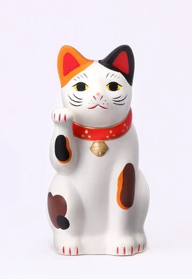 Japanese Hand Painted Lucky Cat SETO Maneki Neko 9.5cm Calico White Ceramic