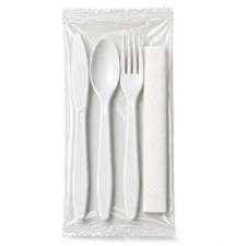 4 Piece Pack White Plastic Cutlery Medium Weight Wrapped with Napkin