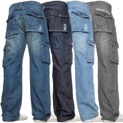 Kruze Mens Cargo Jeans Combat Work Trousers Denim Straight Leg