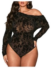 Women's Plus Size Off the Shoulder Long Sleeve Ruched Bodysuit Tops Mesh Blac...