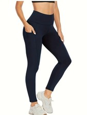 Women Premium Soft High Waisted 7/8 Length Active Leggings w/Pockets Navy S  M