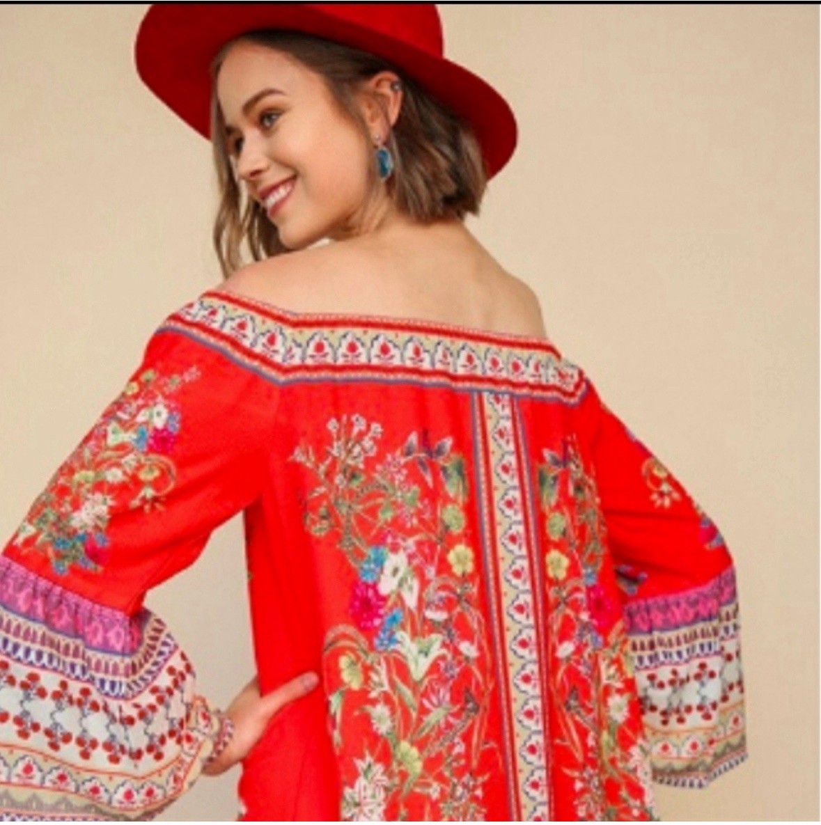 Umgee Plus Floral Bell Sleeve Ruffle Hem Off Shoulder Dress Coral XL