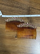 Vtg Pair Side Combs Pink Rhinestone Gold Filigree Art Deco Vogue Wedding Party