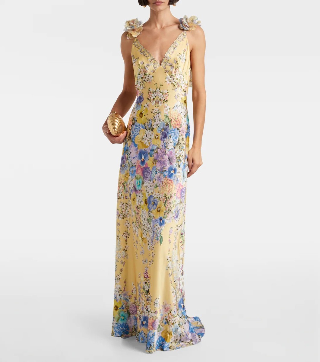 NWT CAMILLA Embellished floral ruffled silk satin maxi dress Size L $800 |  eBay