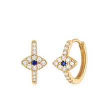 Women Evil Eye Earrings Gold Huggie Hoop Sleeper Blue 14K Gold Pl