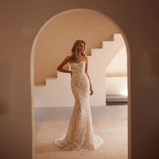 Deep V Neck Half Sleeve Lace Applique Sheer Back High Slit Chiffon Wedding Dress