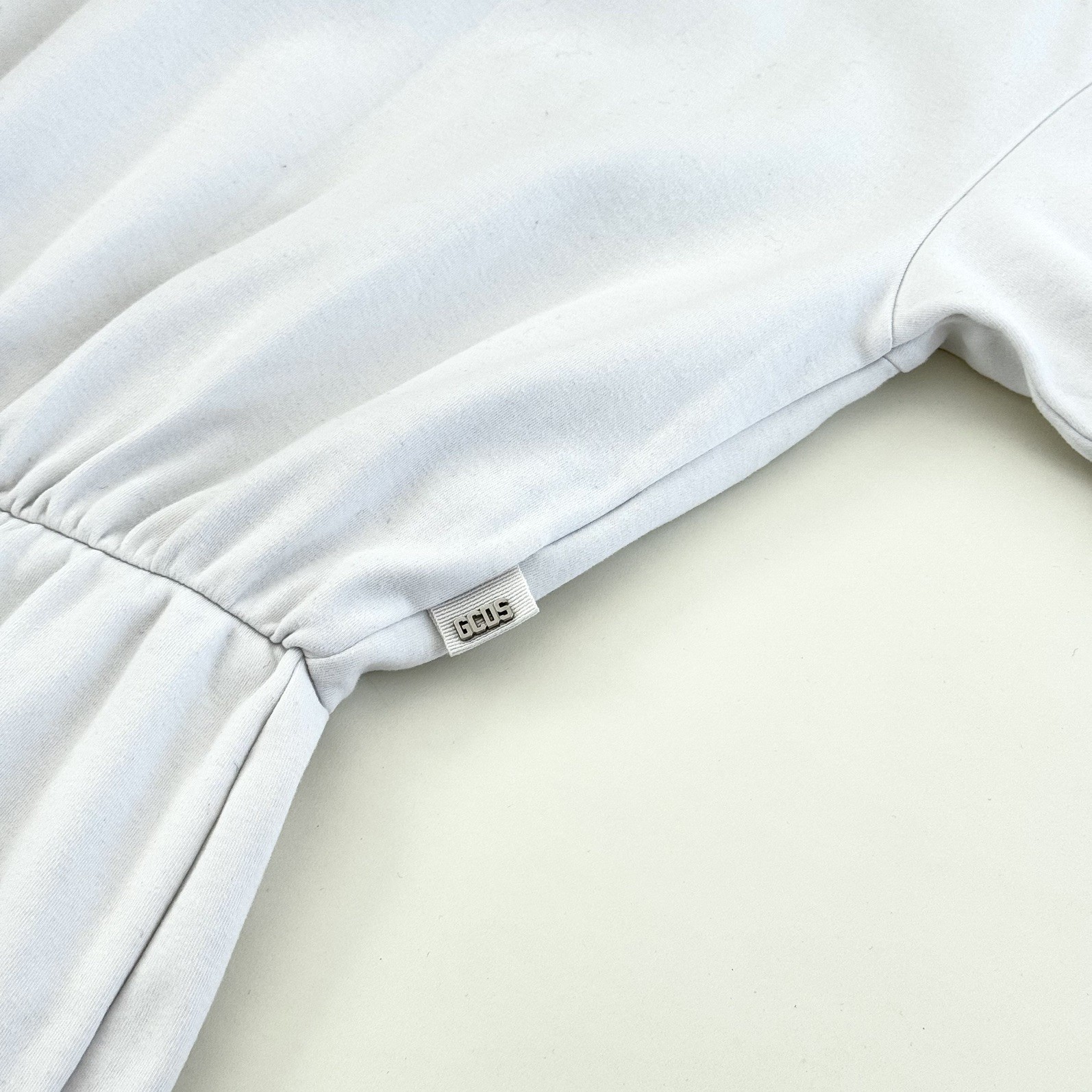 GCDS Ruched Cotton White T-shirt Mini Dress with Y2K Style Back Graphic - Size S