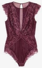 H M Women's Burgundy Mesh Floral Scalloped Lace Sheered Back Keyhole Bodysuit 6