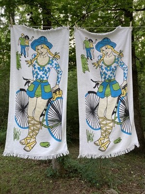 Set of 2 Bath/Beach Towels Fringe Vtg. 60s/70s Woman Flower Power Bicycle Groovy