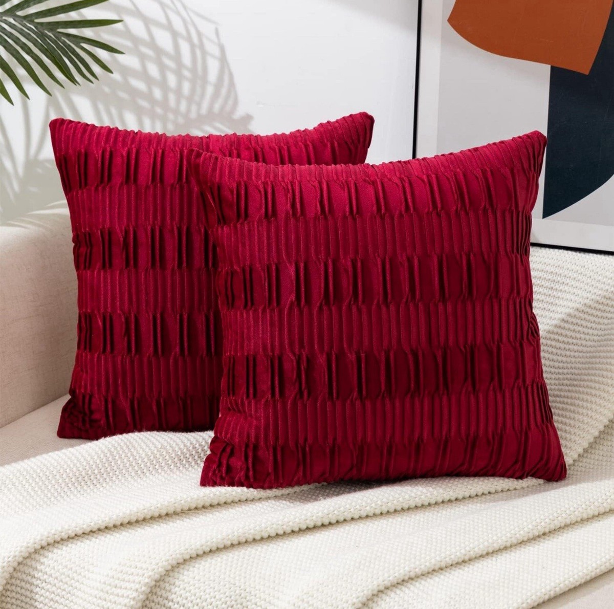 Set of Striped Cushion Cases Velvet Pillow Covers Wine Color