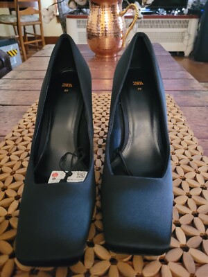 「ブラック2」  &  「プラチナ」 ZARA LEATHER SANDALS WITH BLOCK HEEL Black SIZE 10 | 1335