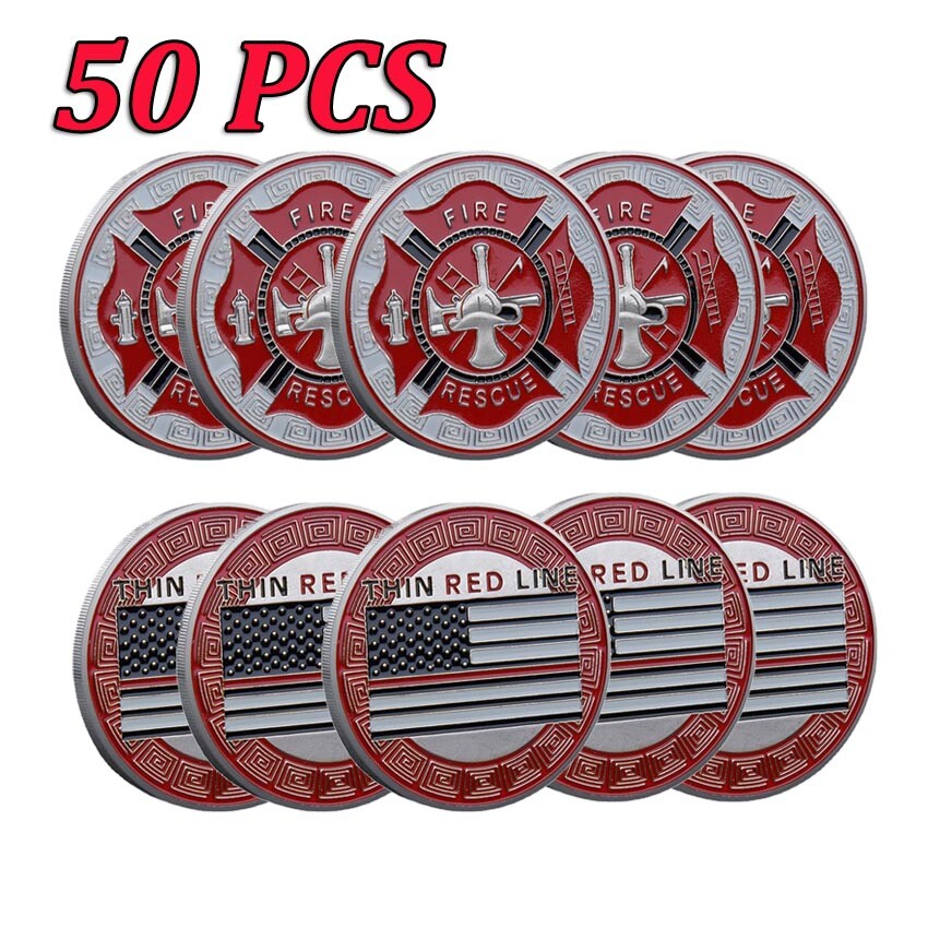 50PCS Gift Challenge Coin Thin Red Line Flag Fire Rescue Commemorative Fireman