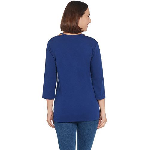 Quacker Factory Size 1X Navy Cutout V-Neck Knit T-shirt w/ Rhinestones