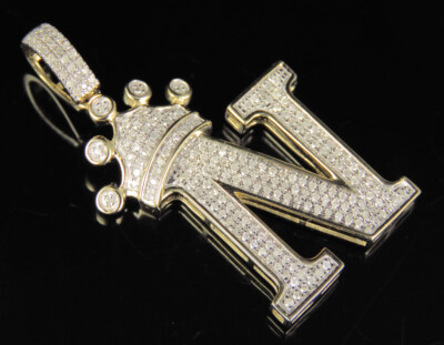 Initial Letter N Crown Diamond Custom Pendant In 10K Yellow Gold