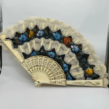 Antique Hand Painted Filigree Lace Bakelite Folding Fan Etched Bird Floral Handl