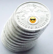 GERMAN Lot 10x Coins 5 REICHSMARK 1936 - 1939 SWASTIKA Silver 3RD REICH WW2 Mark