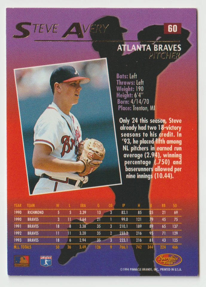 1994 Sportflics Baseball #60 Steve Avery - Atlanta Braves - Image 2 of 2
