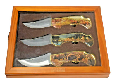 Hautman Brothers collectible 3 folding knife set wood case unused free shipping