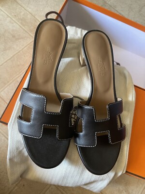 Size 37.5EU New in Box Hermes Black Noir Calfskin Oasis Sandals | eBay