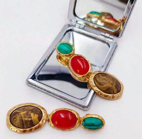 Clip on 3 1/4" large gold green, orange and brown stone dangle earrings - Picture 4 of 5