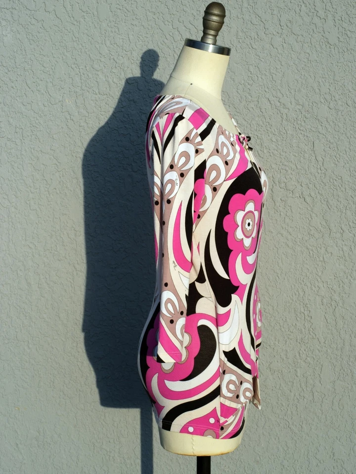 Top psicodélico Emilio Pucci Italia Talla S Brillante Suave Imitación Envoltura Retro Mod Foto 4 de 4