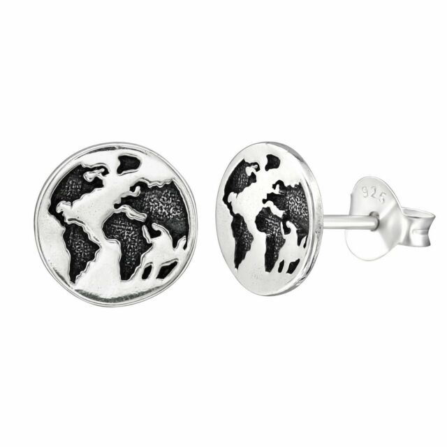 Solid 925 Sterling Silver 8mm Earth Disk Studs Push Back Earrings Girls Womens