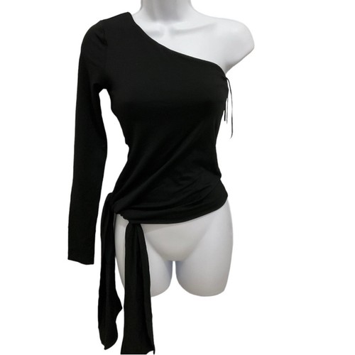 Susana Monaco Women's Black Top One Shoulder Side Tie long sleeve Size XS NWT - 第 2/4 張圖片