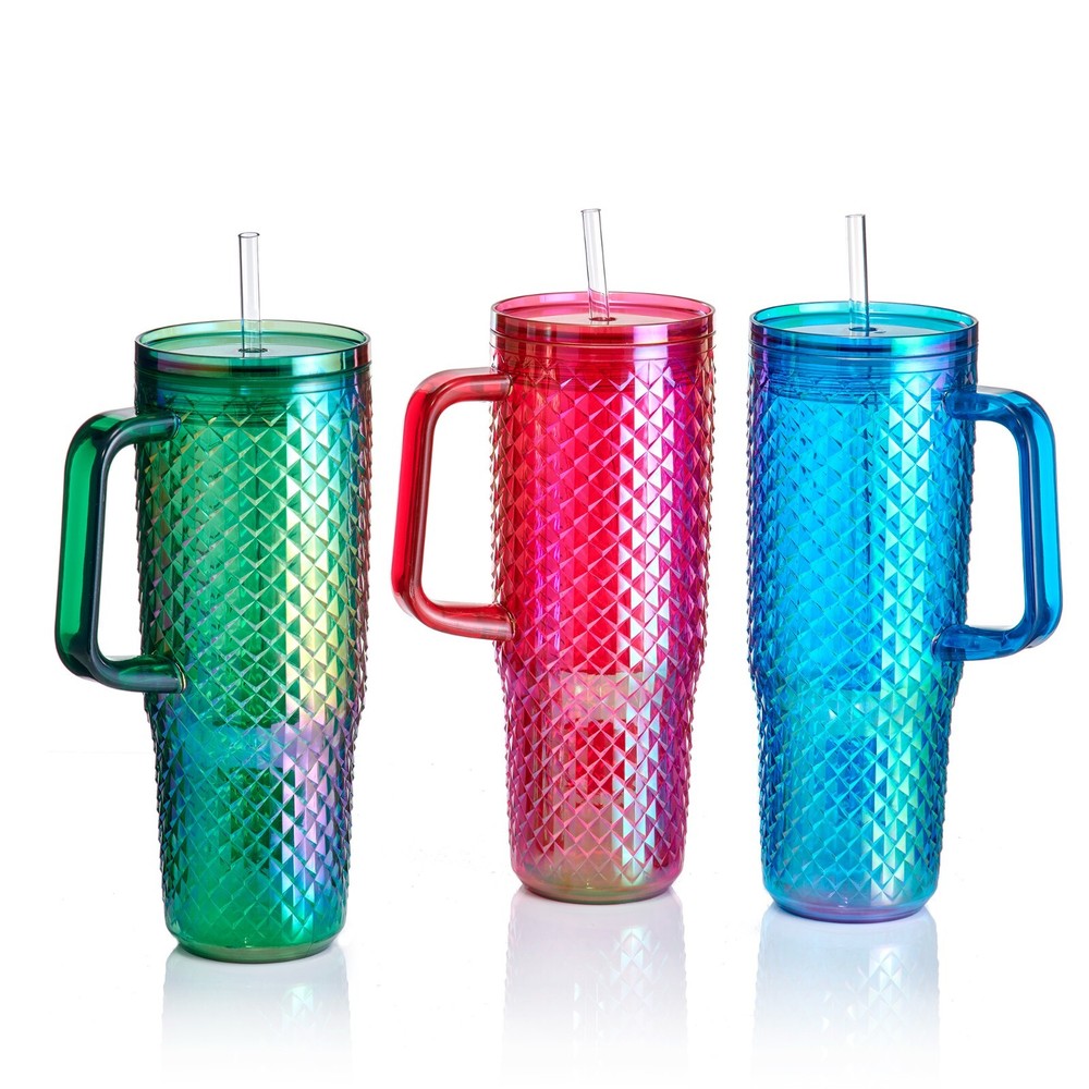 30oz Textured Tumbler with Straw and Handle, 30oz, Plastic Double Wall Insulated